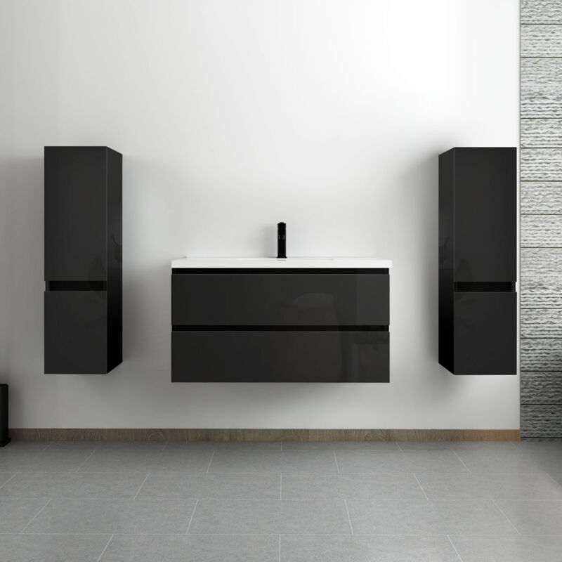 Acezanble ensemble meuble salle de bain 100 cm noir brillant avec 2 tiroirs à fermeture automatique, lavabo céramique simple + 2 colonnes, suspendu