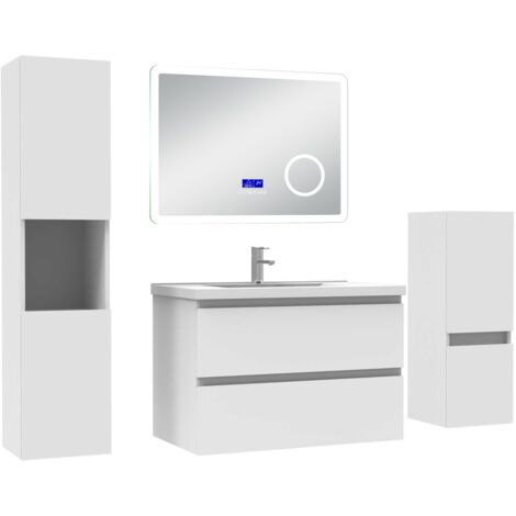 Acezanble ensemble meuble salle de bain 80 cm blanc avec 2 tiroirs à fermeture automatique, lavabo céramique + miroirBluetooth + 2 colonnes, suspendu