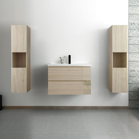 Acezanble ensemble meuble salle de bain 80 cm Chêne Wotan brillant avec 2 tiroirs à fermeture automatique, lavabo céramique simple + colonne haute x2, suspendu