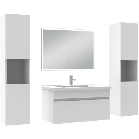 Acezanble Ensemble meuble Salle de Bain 80cm avec colonne et miroir lumineux blanc