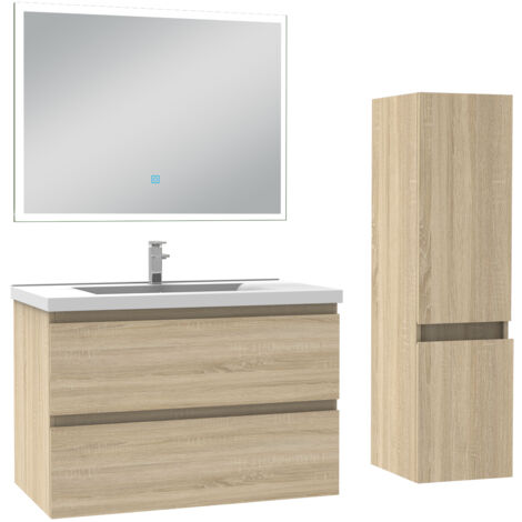 Acezanble Ensemble meuble Salle de Bain 80cm avec vasque et colonne et miroir lumineux 3 couleurs chêne wotan
