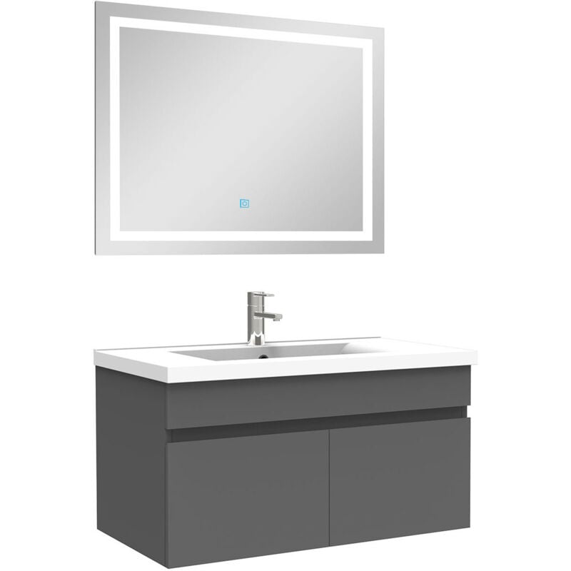 Ensemble meuble Salle de Bain 80cm Anthracite simple vasque + miroir lumineux 3 couleurs + dimmable - Acezanble