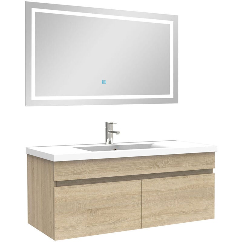 Ensemble meuble Salle de Bain 100cm Chêne Wotan simple vasque + miroir lumineux 3 couleurs + dimmable - Acezanble