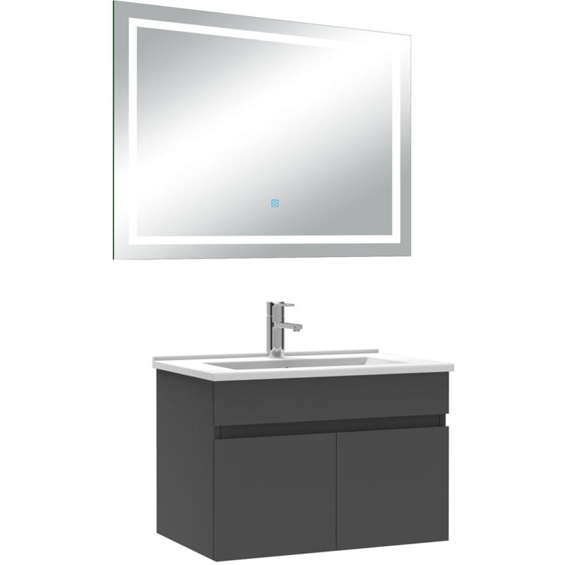 Ensemble meuble Salle de Bain 60cm Anthracite simple vasque + miroir lumineux 3 couleurs + dimmable - Acezanble