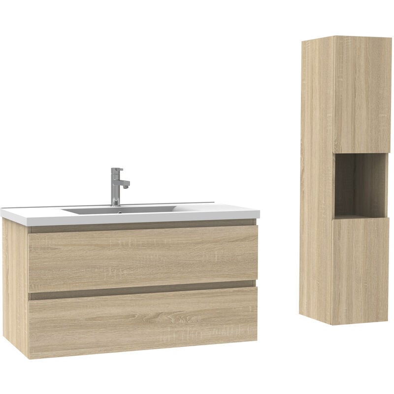 Ensemble meuble Salle de Bain simple vasque décor Chêne Wotan 100cm+ vasque + colonne - Acezanble
