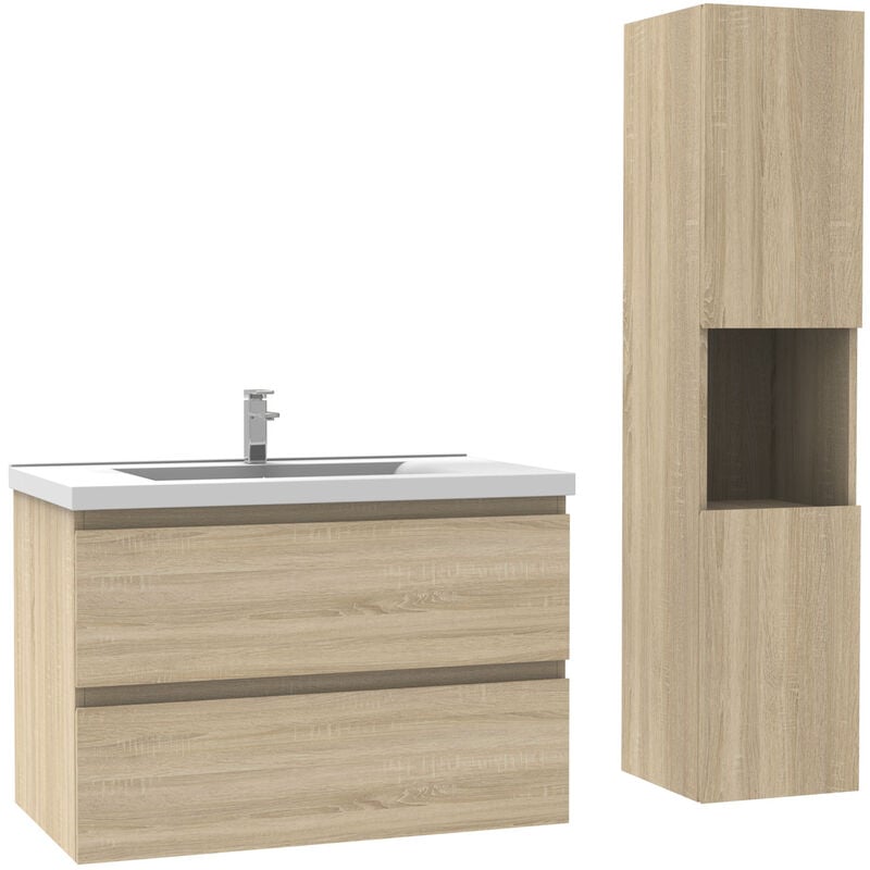 Ensemble meuble Salle de Bain simple vasque décor Chêne Wotan 80cm+ vasque + colonne - Acezanble