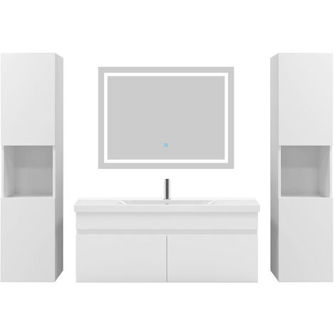 Acezanble Ensemble meubles Salle De Bain 100cm simple vasque + colonne + miroir LED Blanc 5pcs
