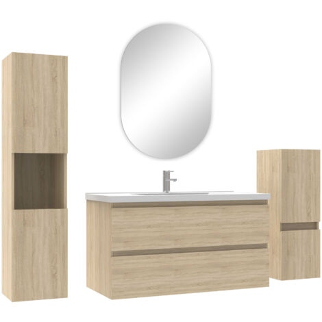 Acezanble ensemble meubles Salle de Bain 100cm simple vasque + colonne + miroir ovale mural Chêne Wotan