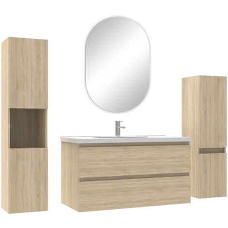 Acezanble ensemble meubles Salle de Bain 100cm vasque + colonne + miroir ovale mural Chêne Wotan