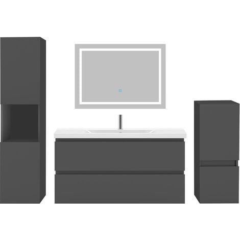 Acezanble Ensemble meubles Salle De Bain 100cm vasque + colonnex2 + miroir LED Anthracite 5pcs