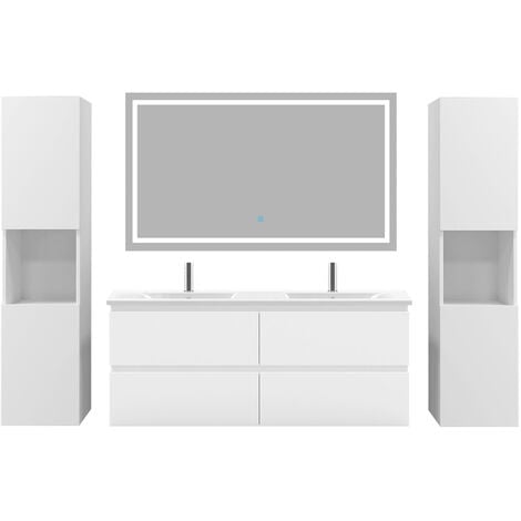 Acezanble Ensemble meubles Salle De Bain 120cm 4 tiroirs double vasque + colonne + miroir LED Blanc 5pcs