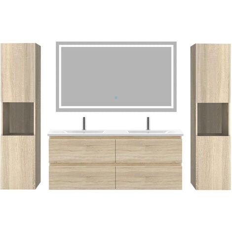 Acezanble Ensemble meubles Salle De Bain 120cm 4 tiroirs double vasque + colonne + miroir LED Chêne Wotan 5pcs