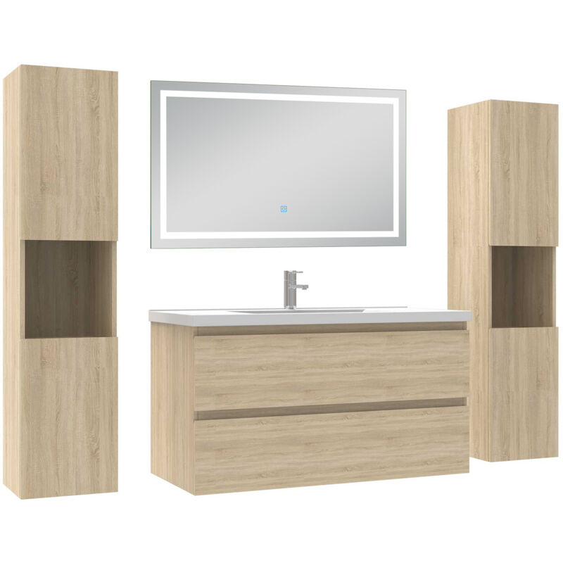 Ensemble meubles Salle de Bain 100cm avec colonne et miroir lumineux 3 couleurs et dimmable Chêne Wotan - Acezanble