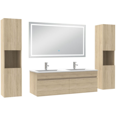 Acezanble Ensemble meubles Salle de Bain 120cm avec colonne + miroir lumineux 3 couleurs + dimmable Chêne Wotan