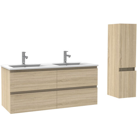 Acezanble Ensemble meubles Salle De Bain 120cm double vasque Chêne Wotan meuble avec colonne ceramique