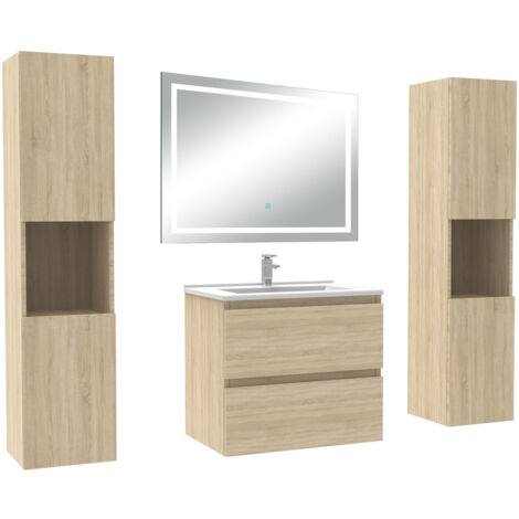 Acezanble Ensemble meubles Salle de Bain 60cm avec colonne et miroir lumineux 3 couleurs et dimmable Chêne Wotan