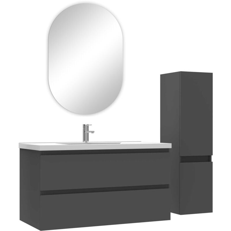 Ensemble meubles Salle de Bain 100cm vasque + colonne + miroir ovale Anthracite - Acezanble