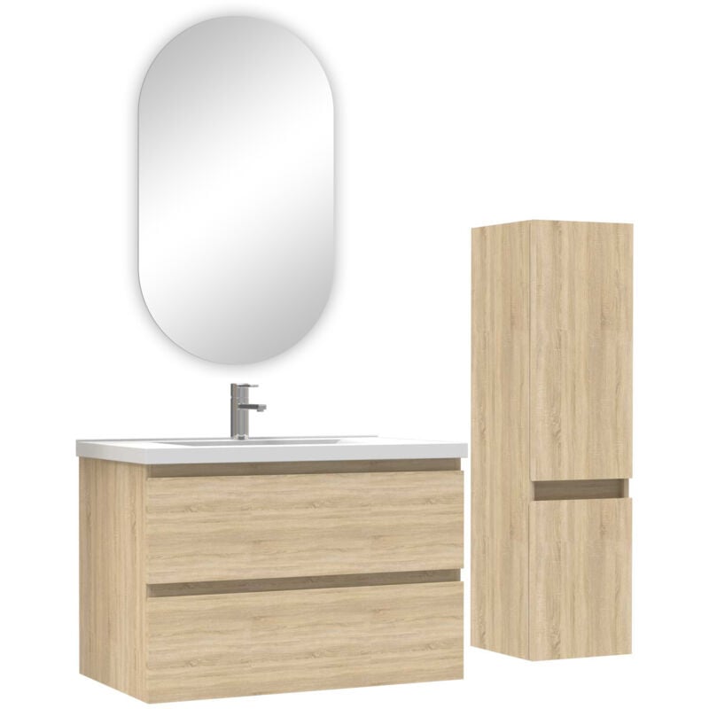 Ensemble meubles Salle de Bain 80cm vasque + colonne + miroir ovale Chêne Wotan - Acezanble