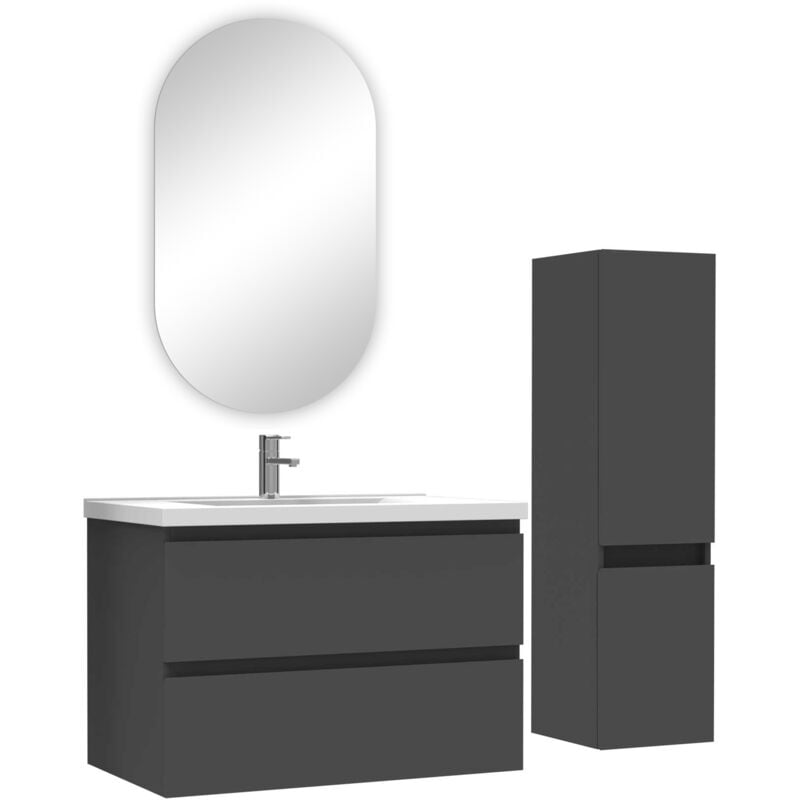 Ensemble meubles Salle de Bain 80cm vasque + colonne + miroir ovale Anthracite - Acezanble