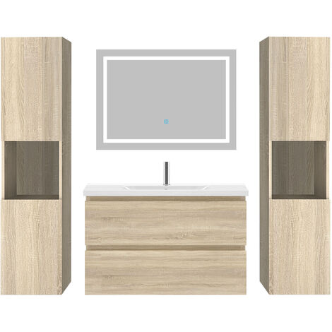 Acezanble Ensemble meubles Salle De Bain 80cm 2 tiroirs simple vasque + colonne + miroir LED Chêne Wotan 5pcs