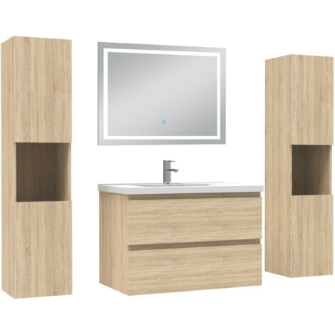 Acezanble Ensemble meubles Salle de Bain 80cm avec colonne et miroir lumineux 3 couleurs et dimmable Chêne Wotan