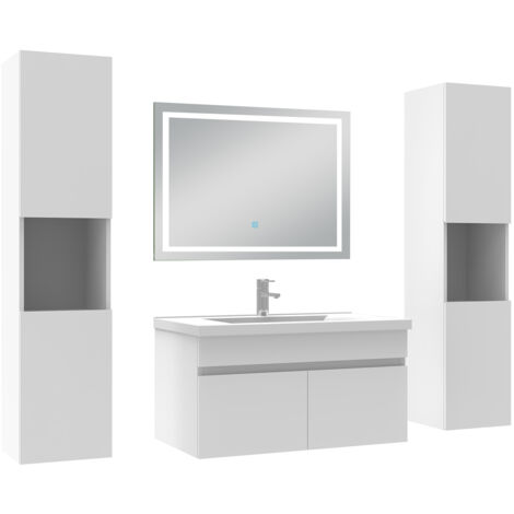 Acezanble Ensemble meubles Salle de Bain 80cm avec colonne + miroir lumineux 3 couleurs + dimmable blanc