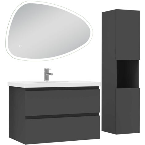 Acezanble ensemble meubles Salle de Bain 80cm vasque et colonne et miroir 3 couleurs lumineux Anthracite