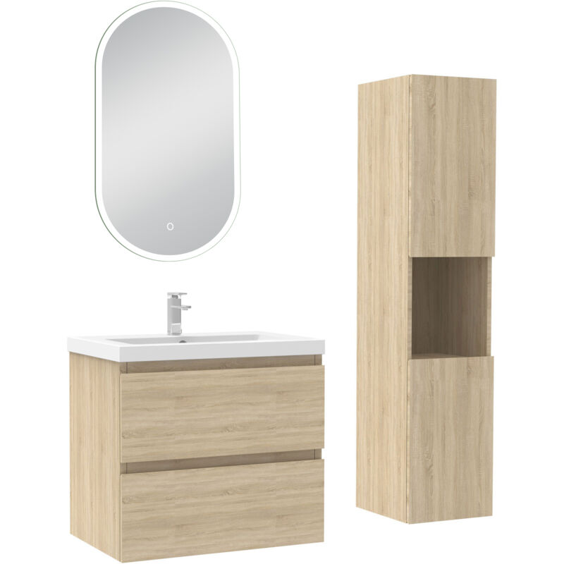 Ensemble meubles Salle de Bain 60cm vasque et colonne et miroir lumineux Chêne Wotan - Acezanble