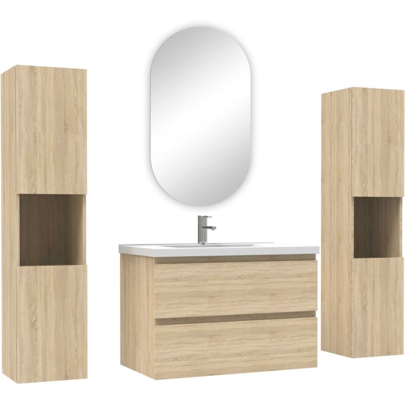 Ensemble meubles Salle de Bain avec colonne et miroir ovale mural 80cm meuble Chêne Wotan - Acezanble