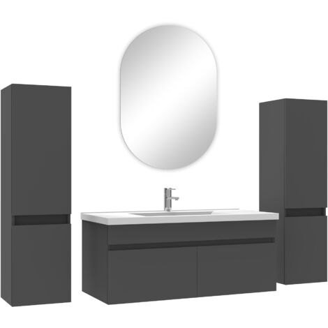 Acezanble ensemble meubles Salle de Bain simple vasque 100cm, colonnex2 + miroir ovale Anthracite