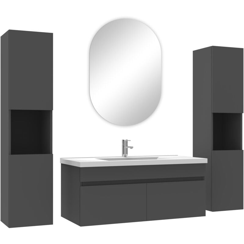 Acezanble ensemble meubles Salle de Bain simple vasque 100cm, colonnex2 et miroir ovale Anthracite