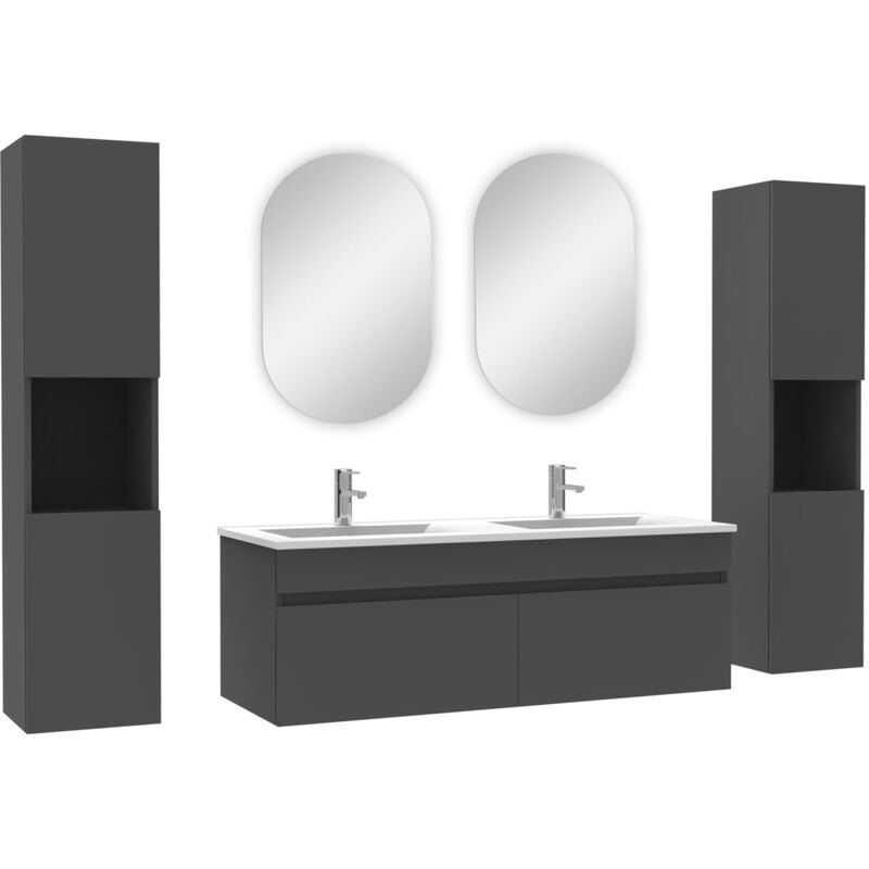 Ensemble meubles Salle de Bain double vasque 120cm, colonnex2 et miroir ovale Anthracite - Acezanble