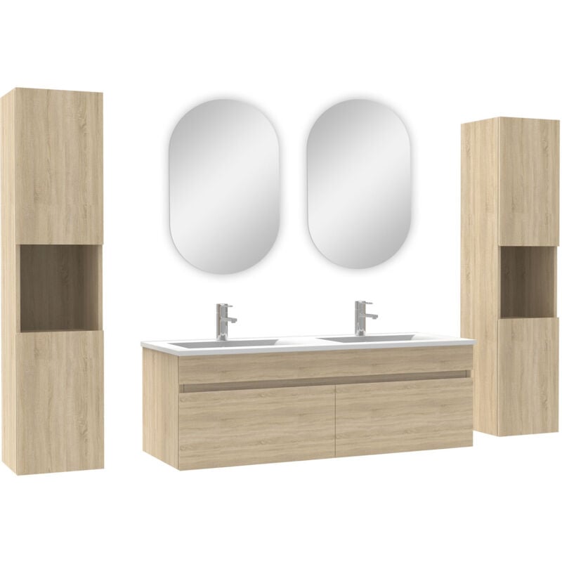 Ensemble meubles Salle de Bain double vasque 120cm, colonnex2 et miroir ovale Chêne Wotan - Acezanble