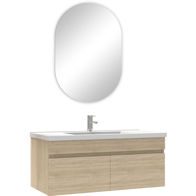Ensemble meubles Salle de Bain simple vasque 100cm + miroir ovale Chêne Wotan - Acezanble