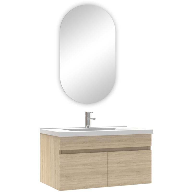 Ensemble meubles Salle de Bain simple vasque 80cm + miroir ovale Chêne Wotan - Acezanble