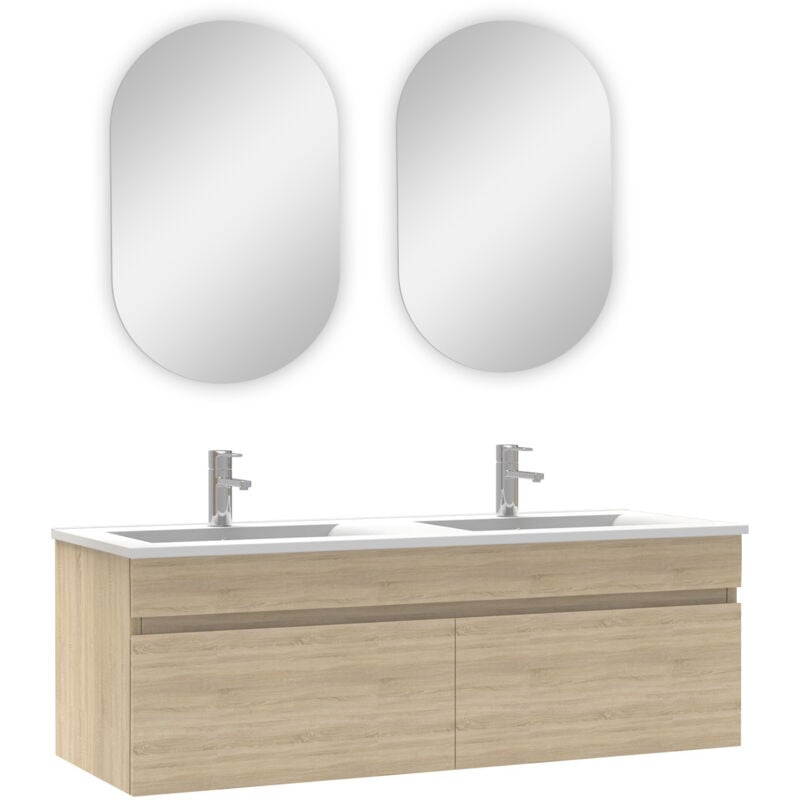 Ensemble meubles Salle de Bain double vasque 120cm + miroir ovale Chêne Wotan - Acezanble