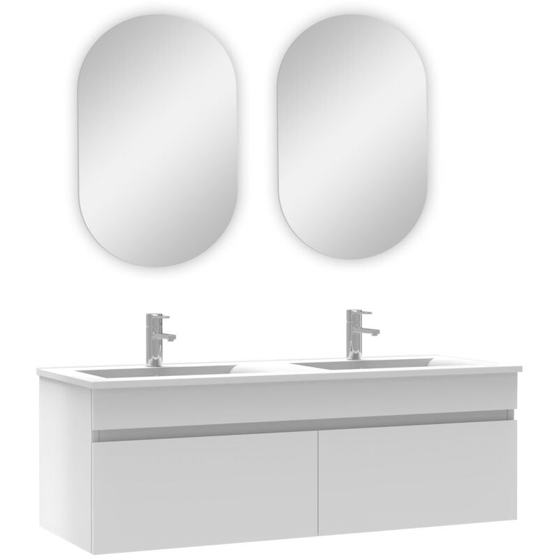 Ensemble meubles Salle de Bain double vasque 120cm + miroir ovale Blanc - Acezanble