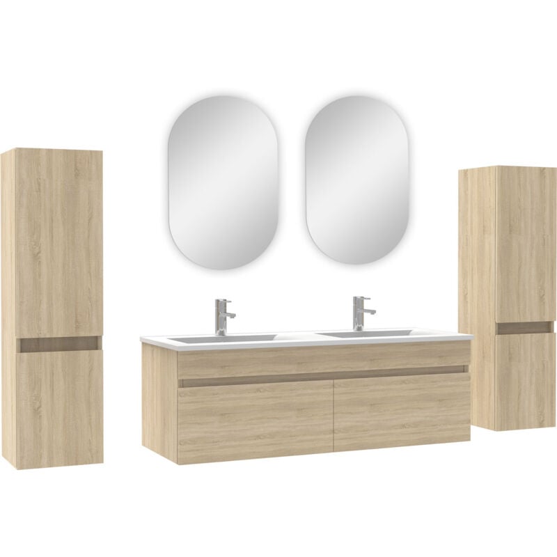 Ensemble meubles Salle de Bain double vasque 120cm, colonnex2 + miroir ovale Chêne Wotan - Acezanble