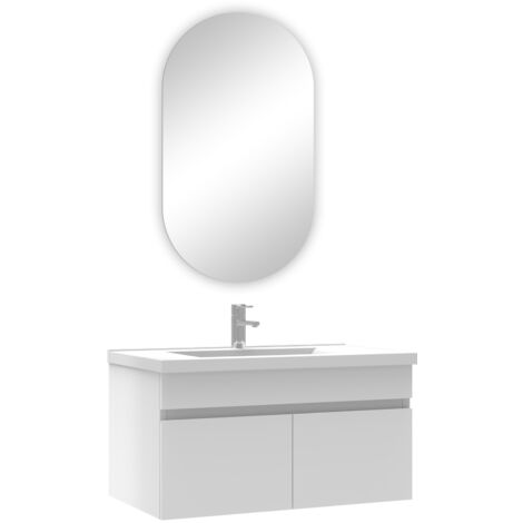 Acezanble ensemble meubles Salle de Bain simple vasque 80cm + miroir ovale Blanc