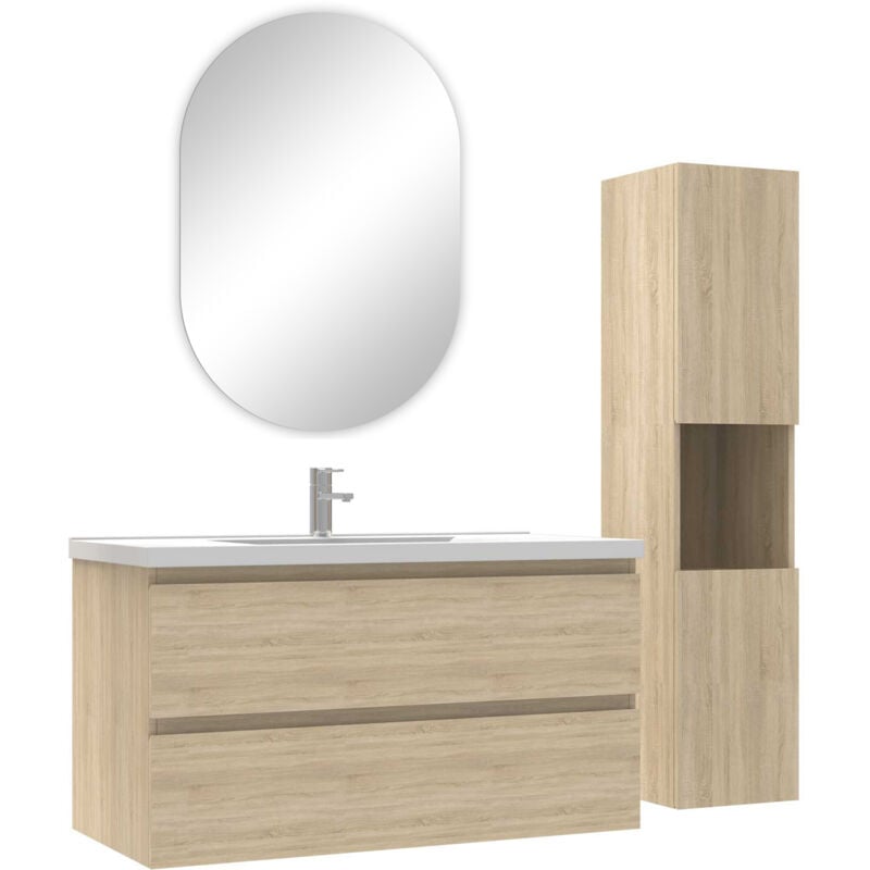 Ensemble meubles simple vasque 100cm,colonne + miroir ovale Chêne Wotan - Acezanble