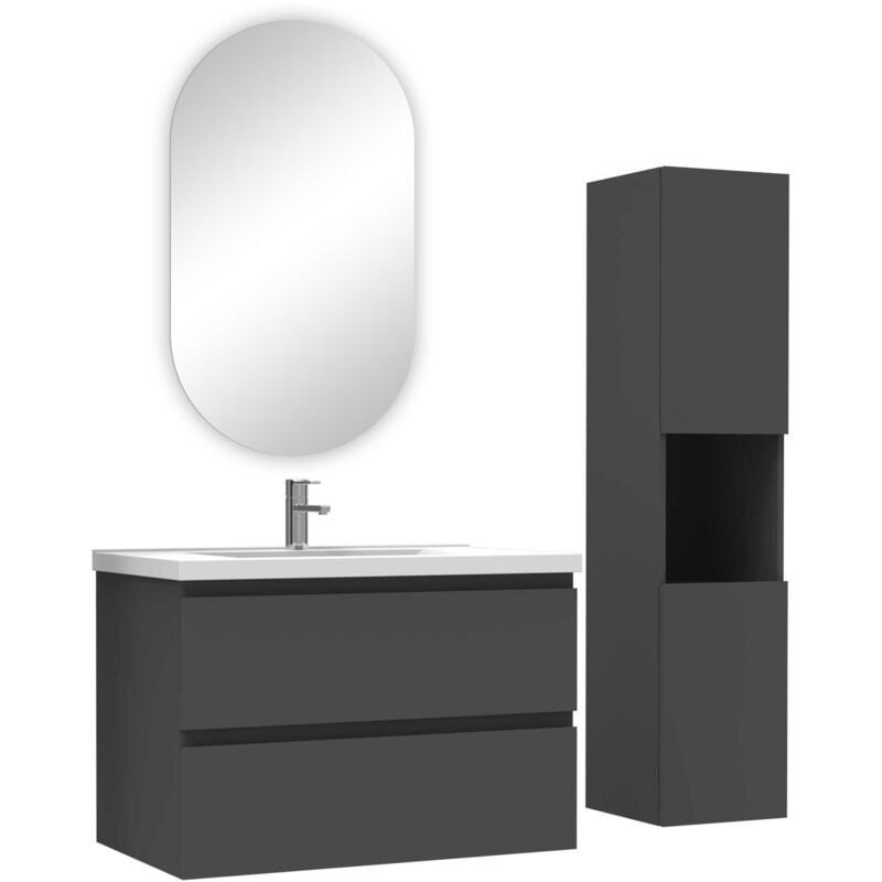 Ensemble meubles simple vasque 80cm,colonne + miroir ovale Anthracite - Acezanble