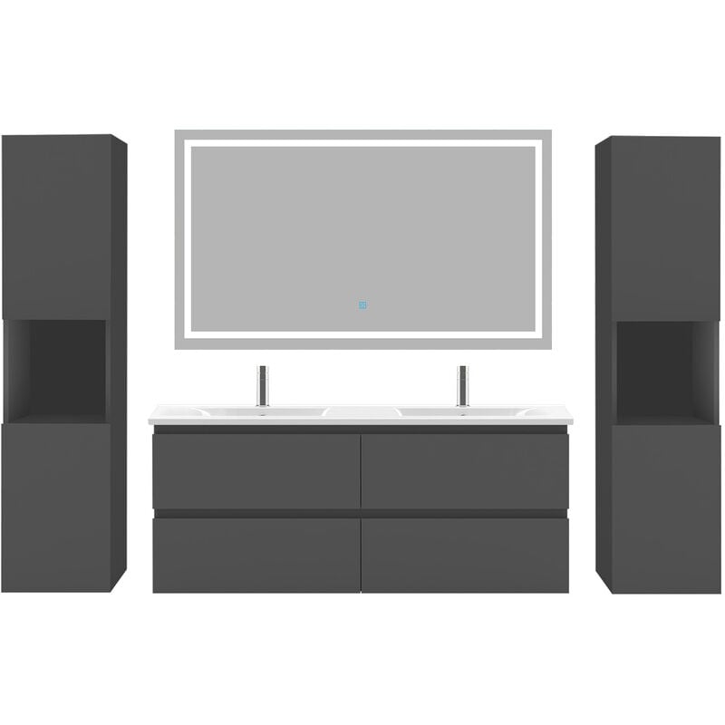 Ensemble meubles Salle De Bain 120cm 4 tiroirs double vasque + colonne + miroir led Anthracite 5pcs - Acezanble