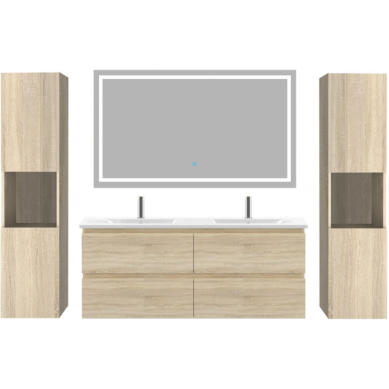 Ensemble meubles Salle De Bain 120cm 4 tiroirs double vasque + colonne + miroir led Chêne Wotan 5pcs - Acezanble