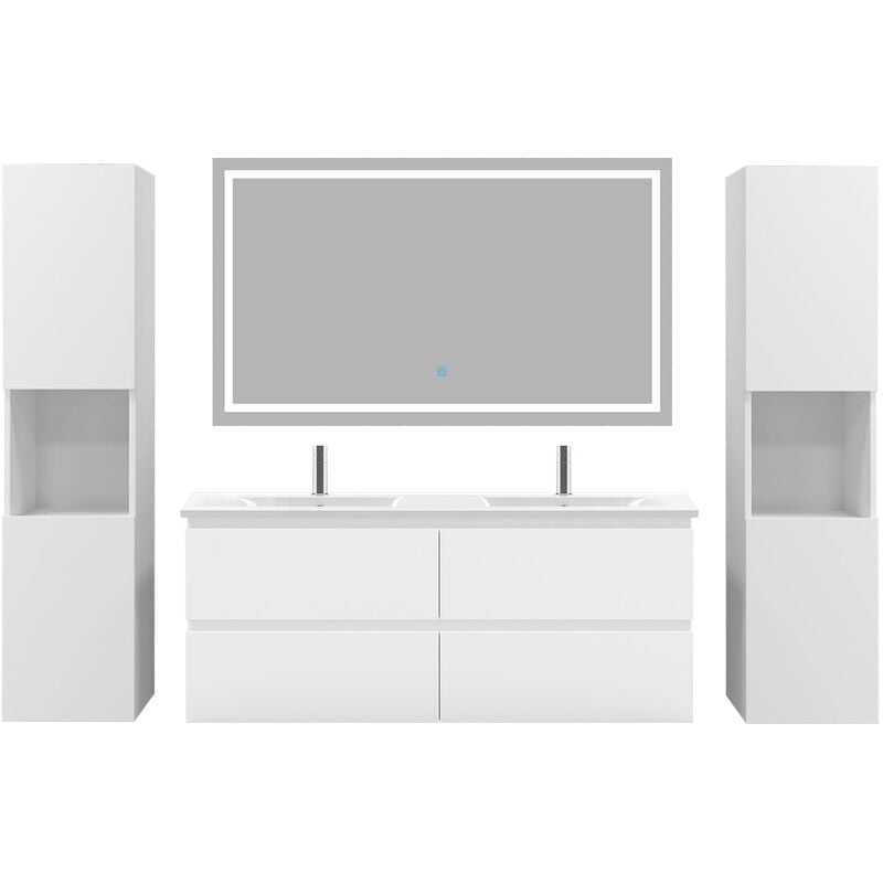 Ensemble meubles Salle De Bain 120cm 4 tiroirs double vasque + colonne + miroir led Blanc 5pcs - Acezanble