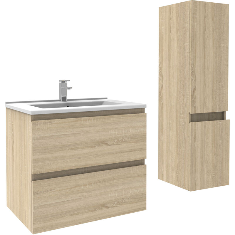 Ensemble meubles Salle De Bain 60cm Chêne Wotan meuble avec colonne vasque ceramique - Acezanble