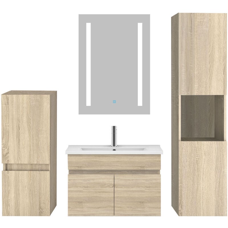 Acezanble Ensemble meubles Salle De Bain 60cm vasque + colonnex2 + miroir LED Chêne Wotan