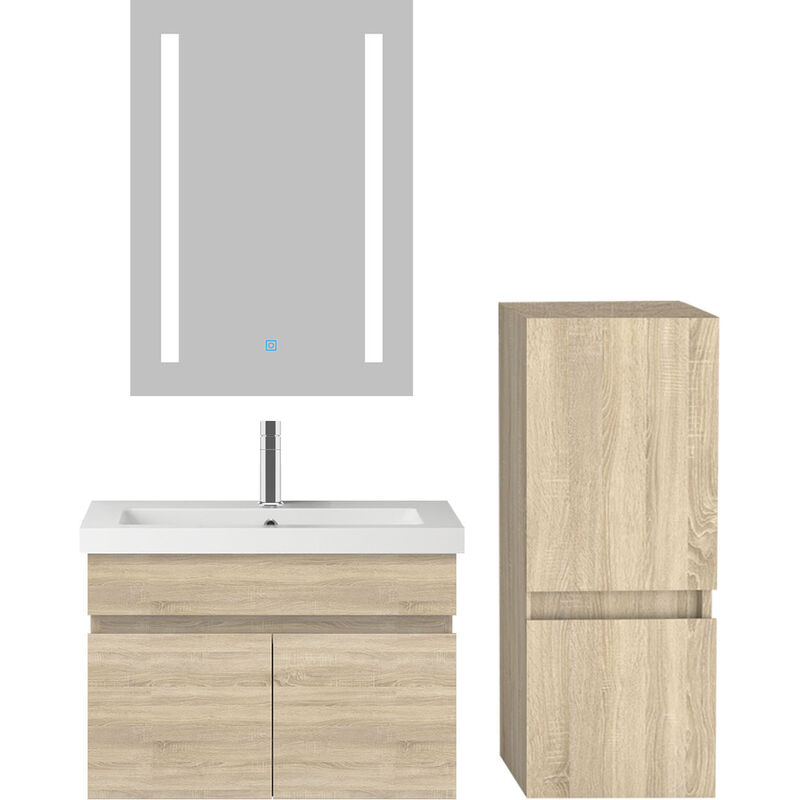 Ensemble meubles Salle De Bain 60cm vasque et colonne et miroir led Chêne Wotan - Acezanble