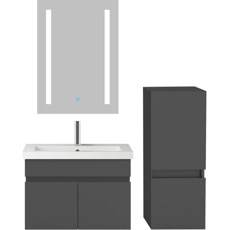 Ensemble meubles Salle De Bain 60cm vasque et colonne et miroir led Anthracite - Acezanble