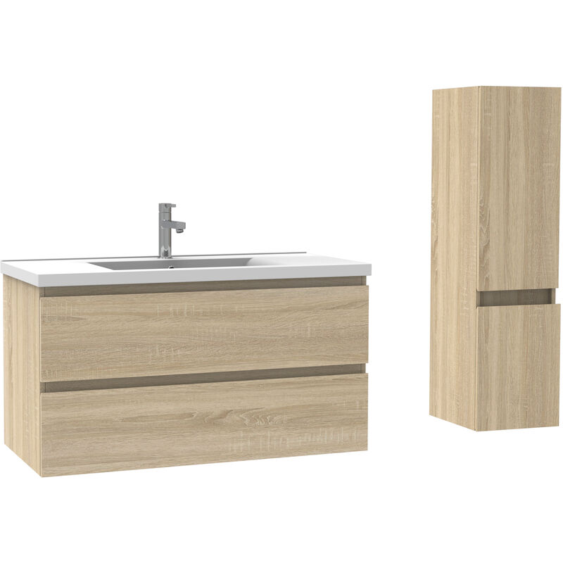 Ensemble meubles Salle De Bain 100cm Chêne Wotan meuble avec colonne vasque ceramique - Acezanble