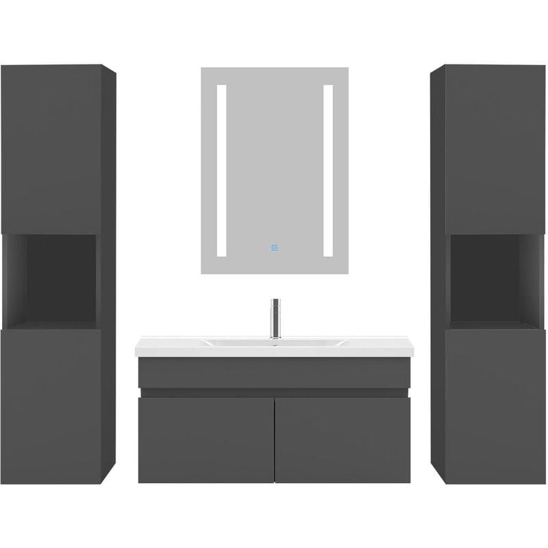 Ensemble meubles Salle De Bain 80cm simple vasque + colonne + miroir led Anthracite 5pcs - Acezanble